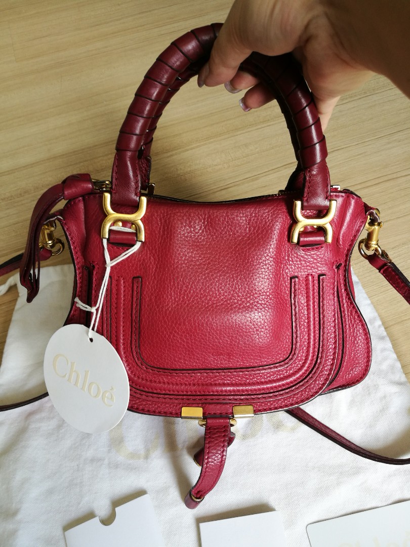 AUTHENTIC Chloe Chloe Baby Marcie Leather Tote Sling Bag Mini In Peony Red Gold hardware