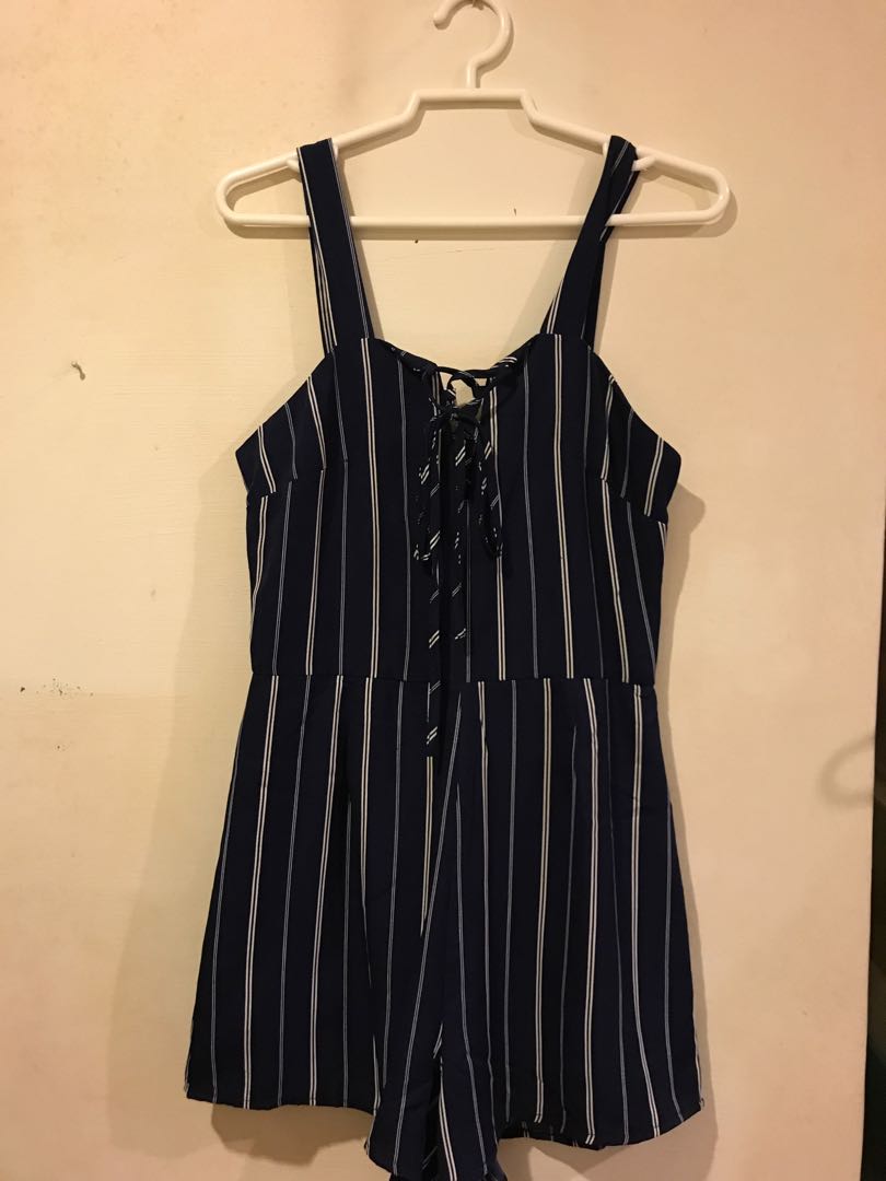 navy blue and white striped romper