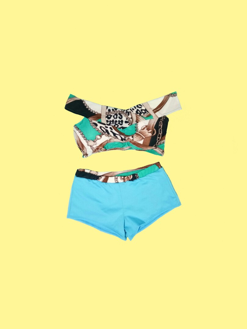 off shoulder swimsuit with shorts