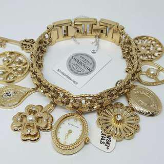 FREE SHIP Original Anne Klein Swarovski Accented Charm Bracelet Womens Watch Gold Tone 10-8096CHRM