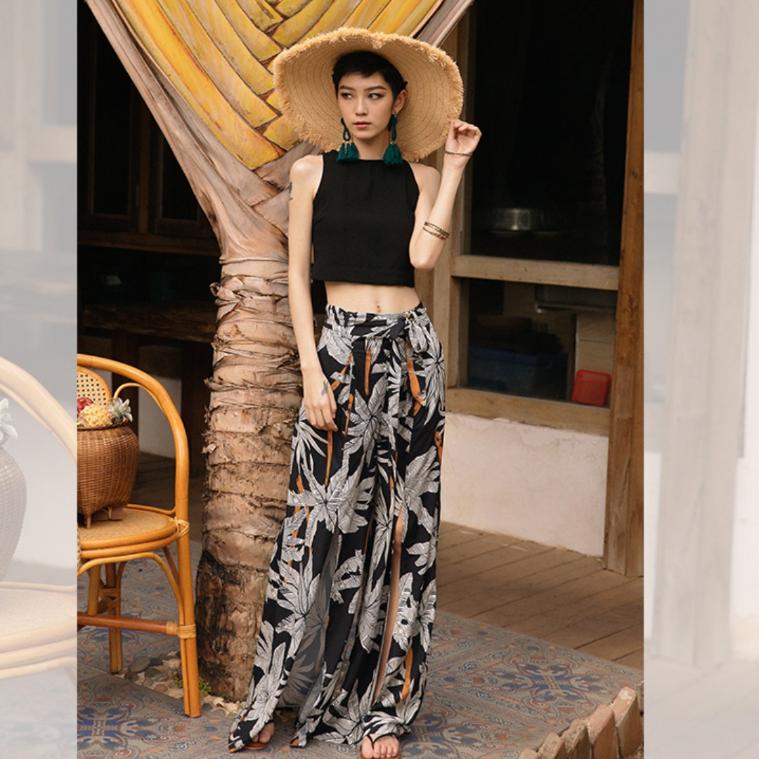 Boho Aztec Palm Trees Slit Pants Flowy Women s Fashion Bottoms Other Bottoms on Carousell