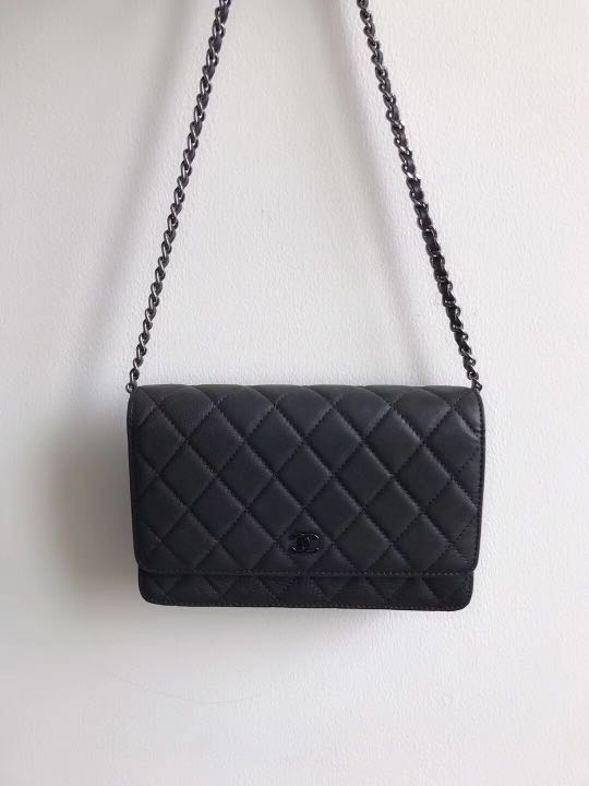 CHANEL WOC Wallet On Chain Bag Lambskin  GoldTone Metal Black  Chelsea  Vintage Couture
