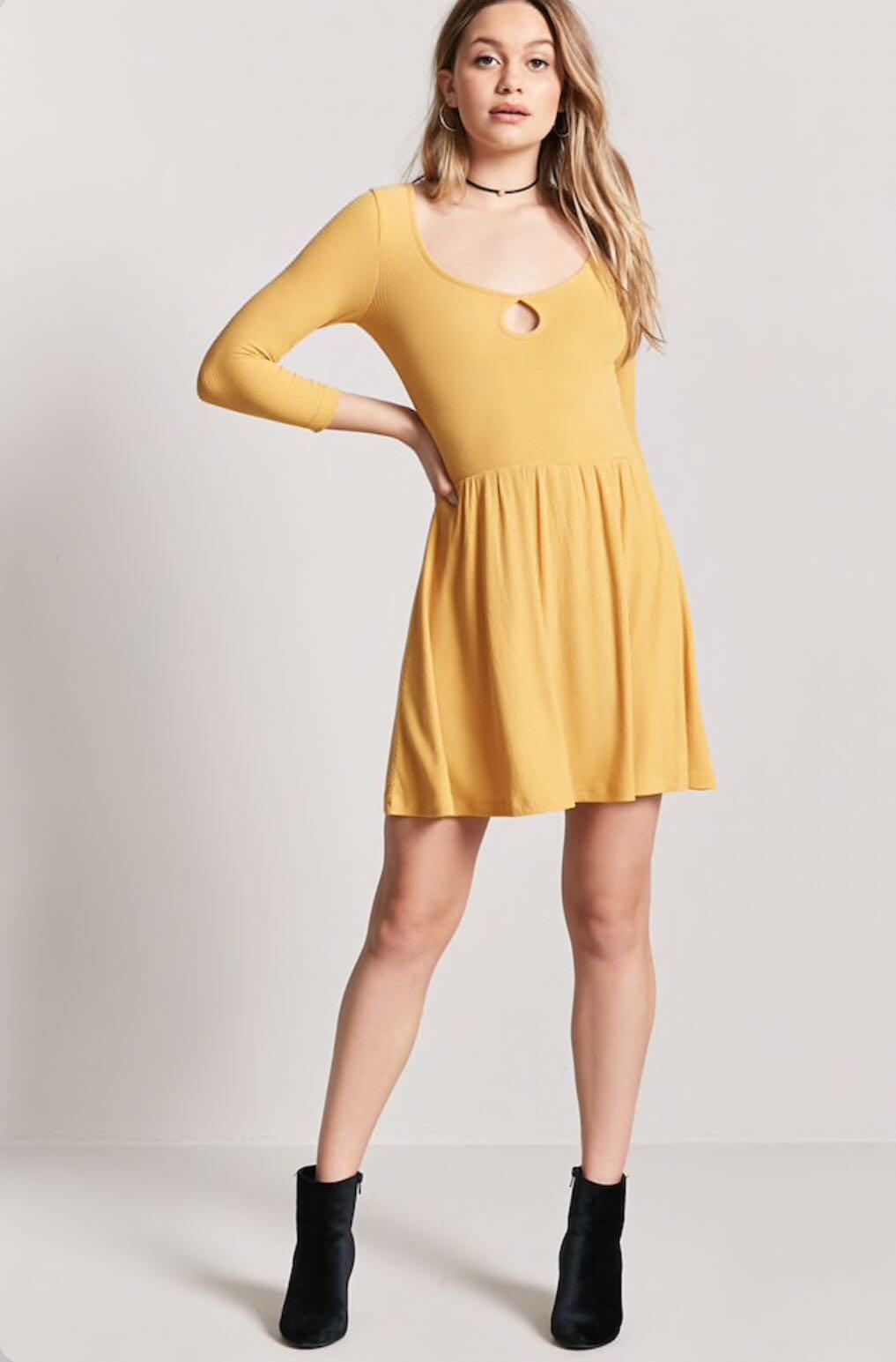 Forever 21 Mustard Heathered Cutout Keyhole Skater Dress Women s Fashion Tops Sleeveless on Carousell
