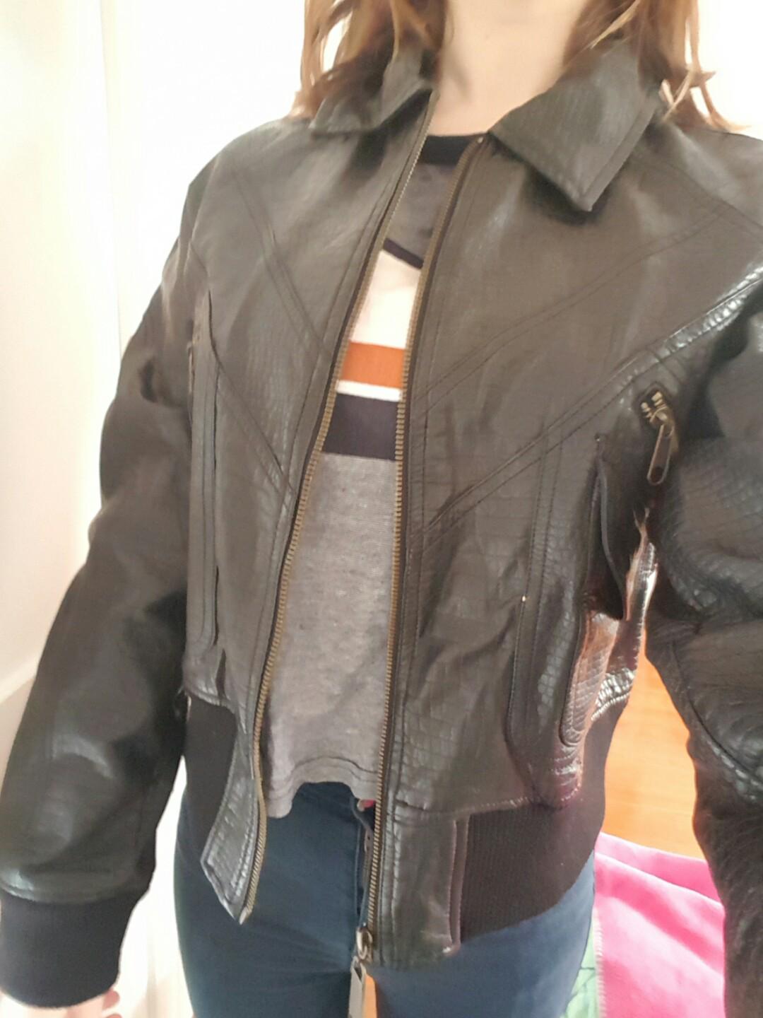 Vintage Oversized Leather Jacket Crocodile Print Women S