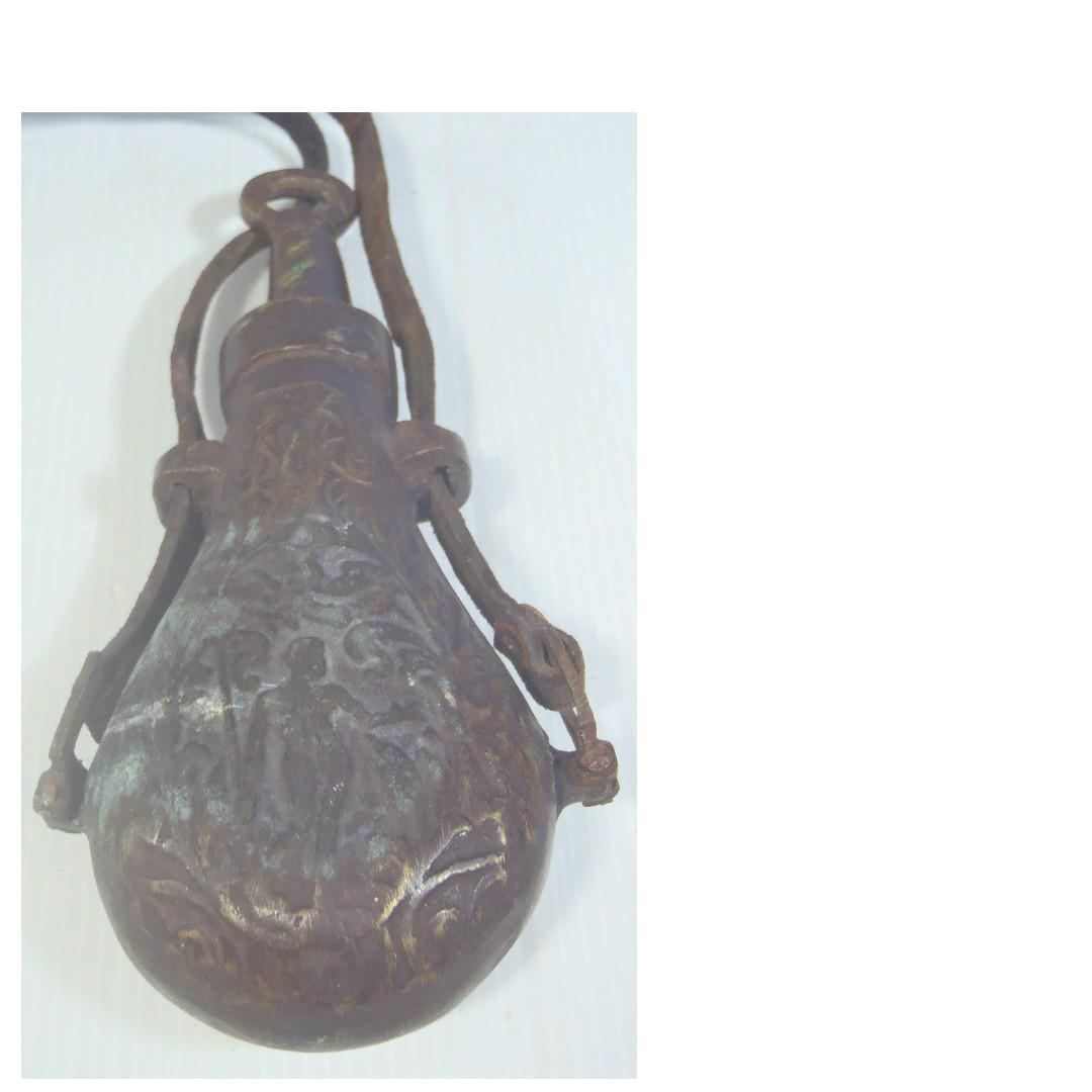Antique brass cast gun powder flask leather strap Roman motif Militaria ...