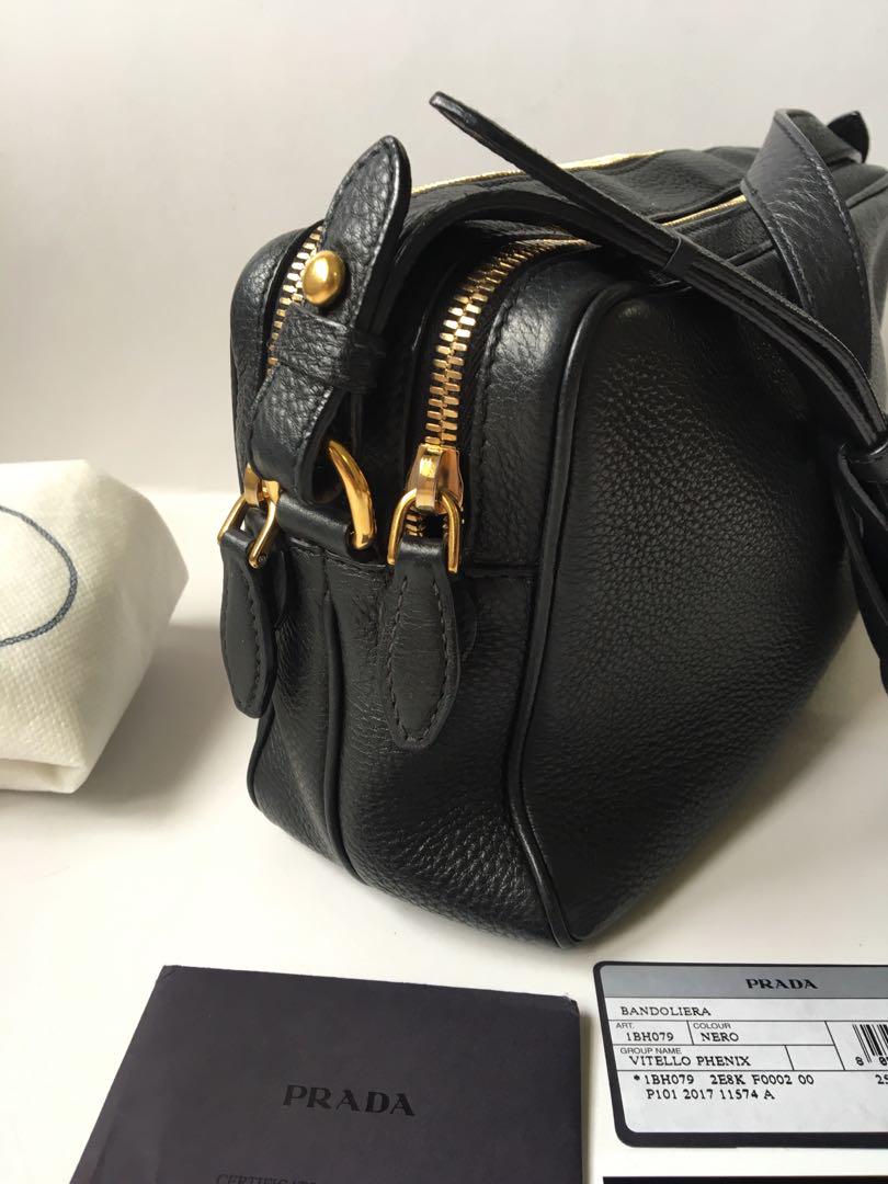 New Prada Black Vitello Phenix Leather Double Zip Cross Body Bag 1BH079 