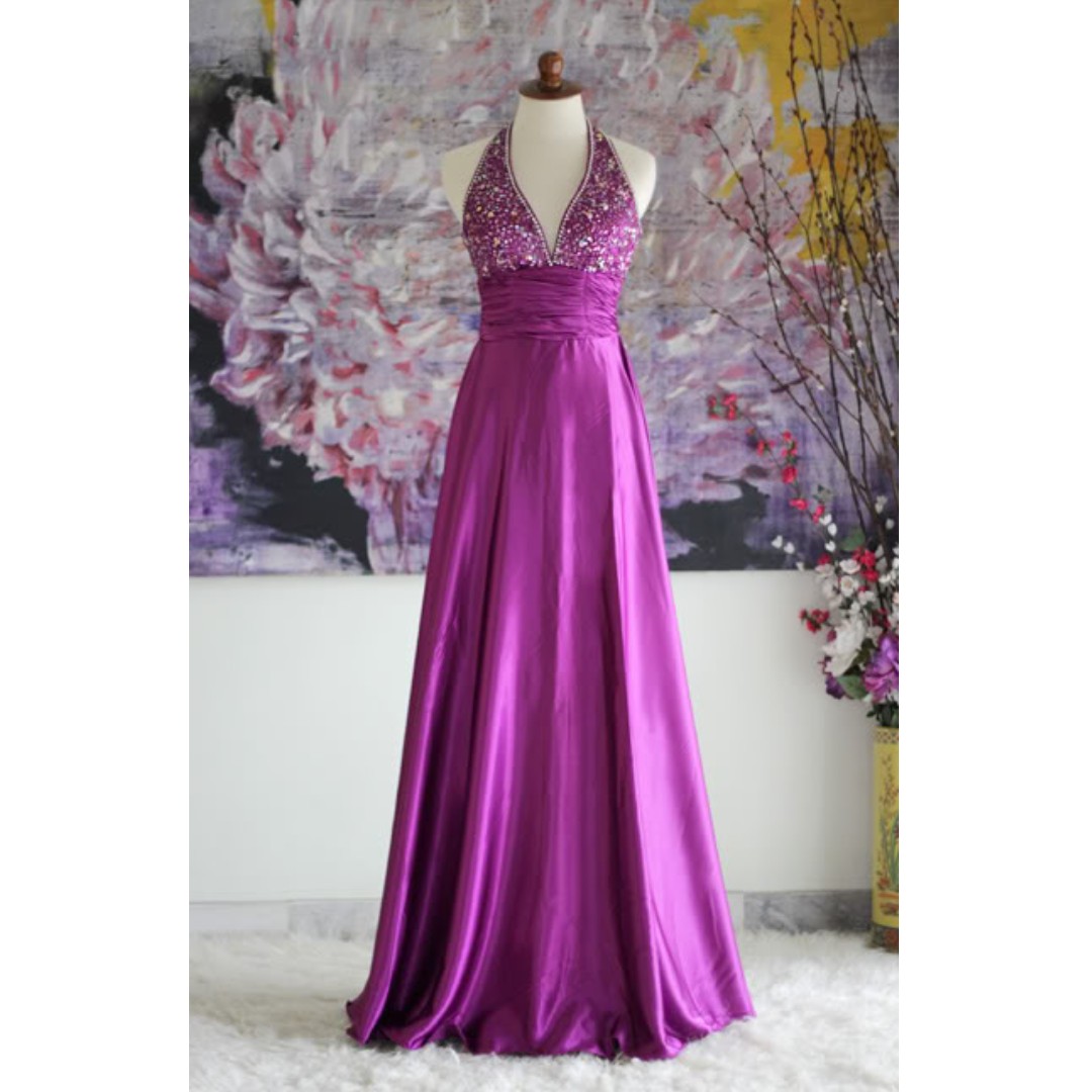 Charming Beaded Purple Halter Neck Gown, Women's Fashion, Dresses ...