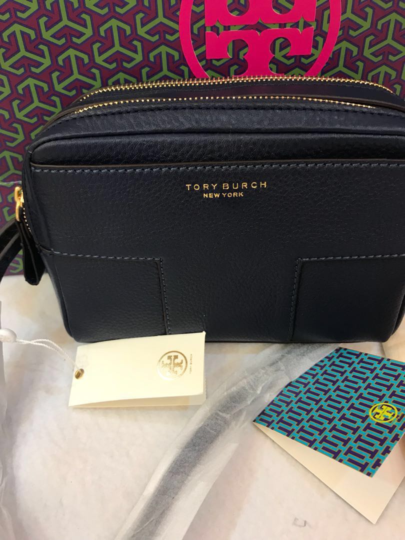 Ready Stock Original Tory Burch block T pebbled double zip sling