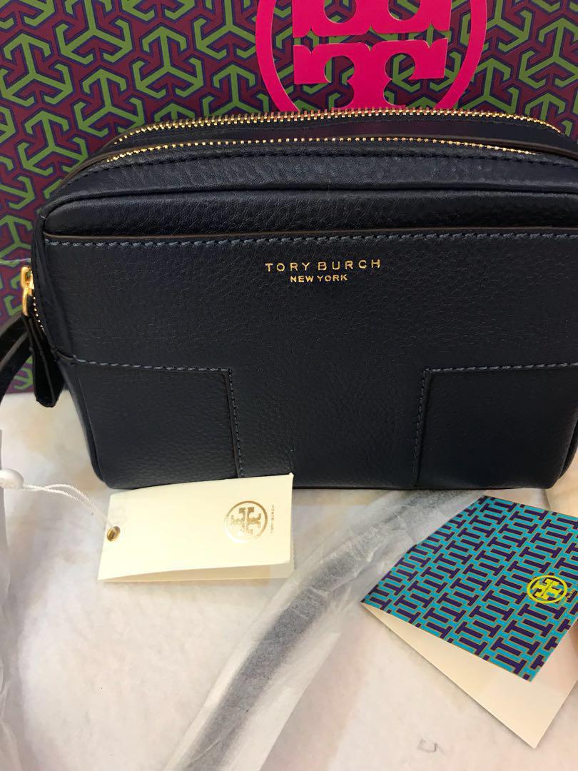Ready Stock Original Tory Burch block T pebbled double zip sling bag