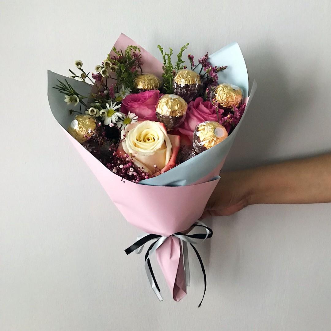 Sweet Pinkish Blue Rose Bouquet With Ferrero Rocher Gardening Flowers Bouquets On Carousell