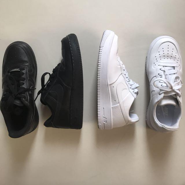 Nike Air Force 1 Black and White (Category: Sneakers) located in Quezon City. Submitted by ronugh (Listing ID 128678371, Image 1). Description: Nike Air Force 1 May be sold individually Black - 2500 Size 7 (9.5/10 condition) replacement box White - 3200 Size 7 (9.8/10 condition) with OG box.