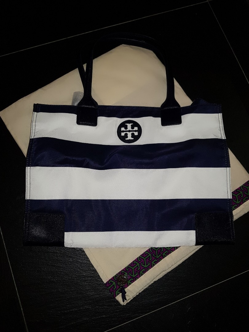 navy and white striped bag