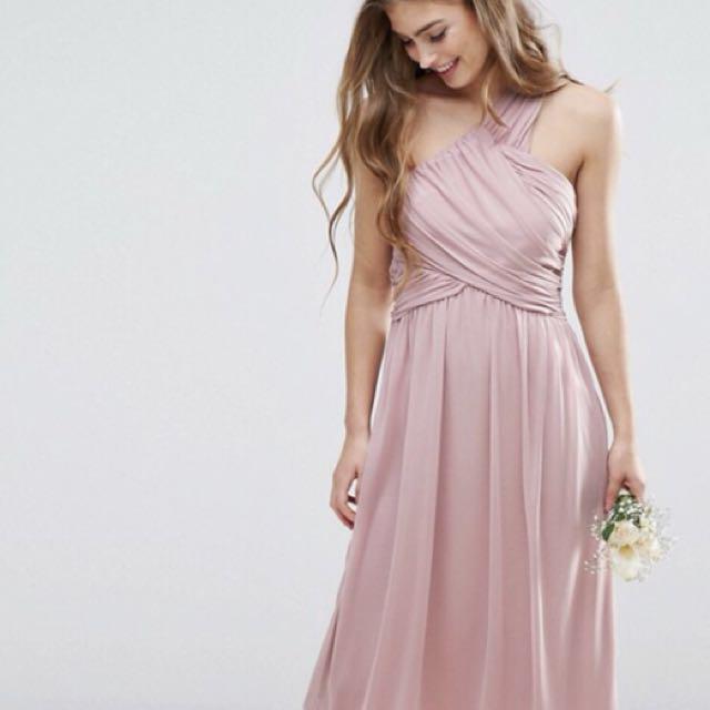 Dusty Rose Pink V Neck Tulle Long Bridesmaid Dress With Lace Appliques Vampal Dresses
