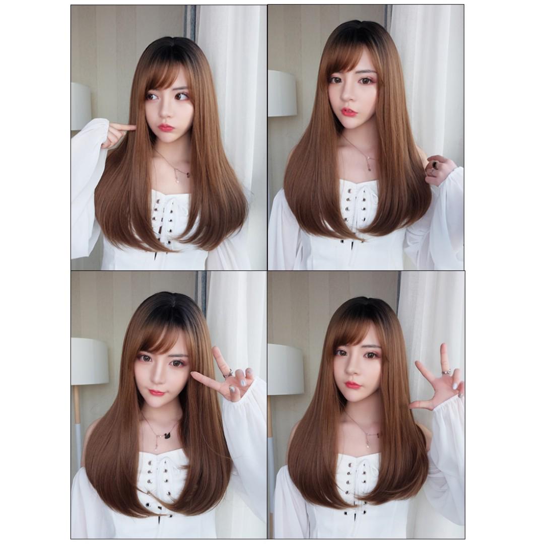 Korean Air Fringe Side Fringe Full Wig For Daily Use Ombre Brown Ombre Grey Chocolate Brown Health Beauty Hair Care On Carousell