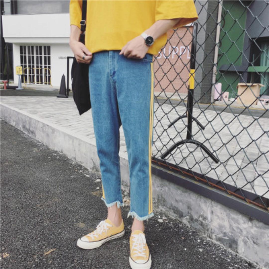 Mens jeans with yellow stripe best sale