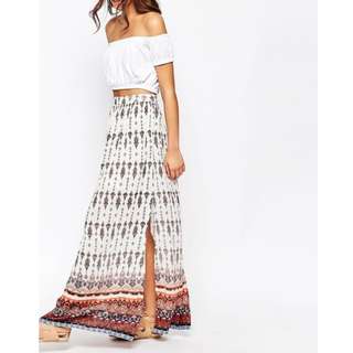 ASOS New Look Size 8 White & Boho Print Maxi Skirt With Side Splits