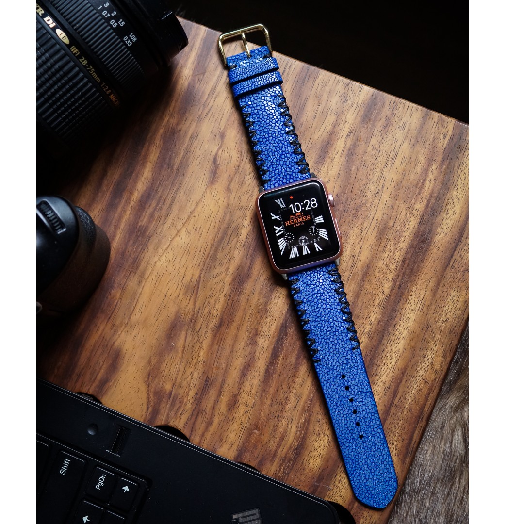 Genuine Blue Stingray With Black Tribal Stitching Handmade Strap