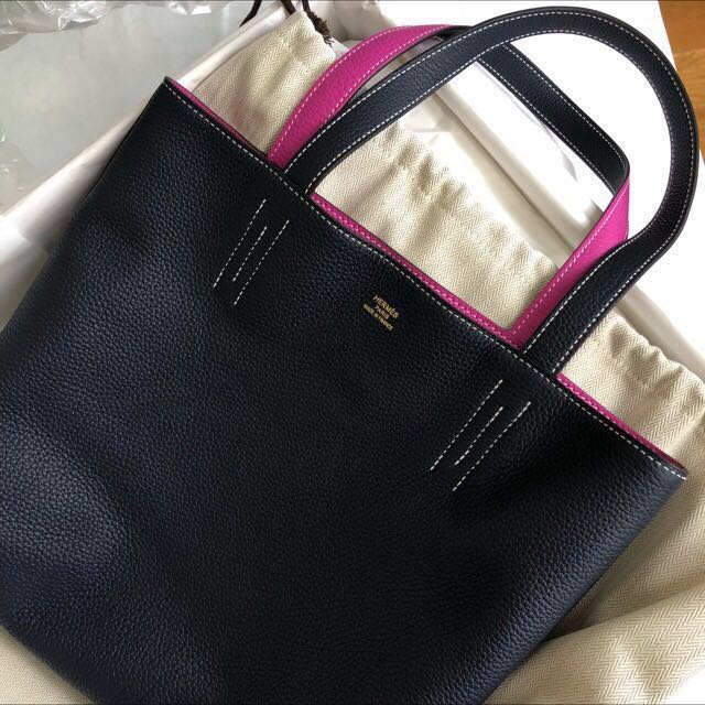 HERMES Double Sens 36 Reversible Tote Bleu Nuit/ Rose Extreme