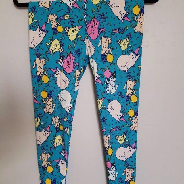 Lularoe Birthday Cat Leggings Tights Blue Pink Yellow Party Hat