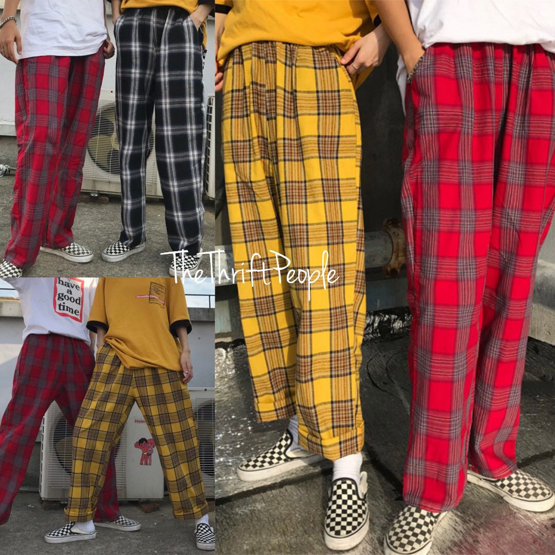 yellow and red plaid pants