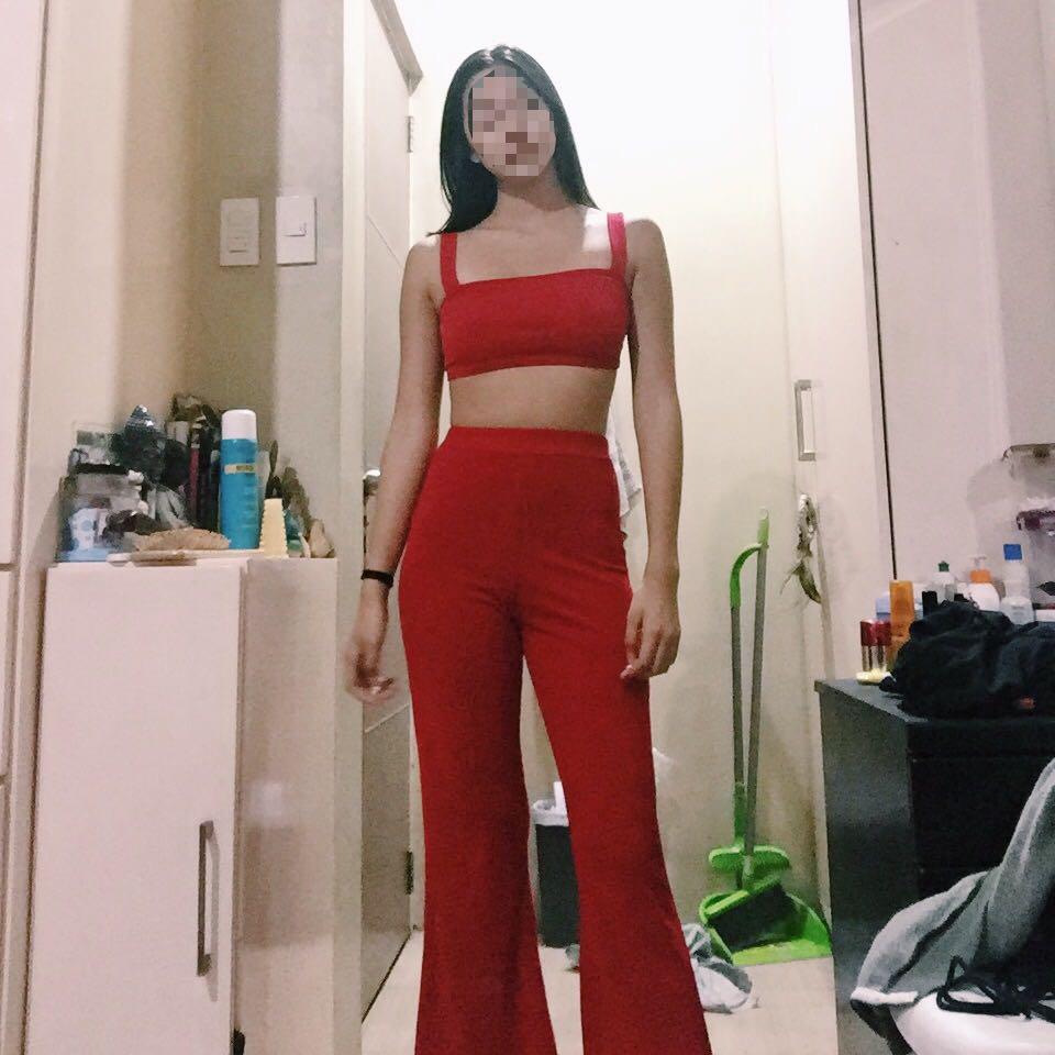 red top and pants set