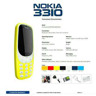 New Nokia 3310 Cellular Phone Yellow(2017) - Original imported