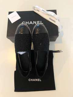 Authentic Chanel Black Tweed Leather Cap Toe Espadrilles