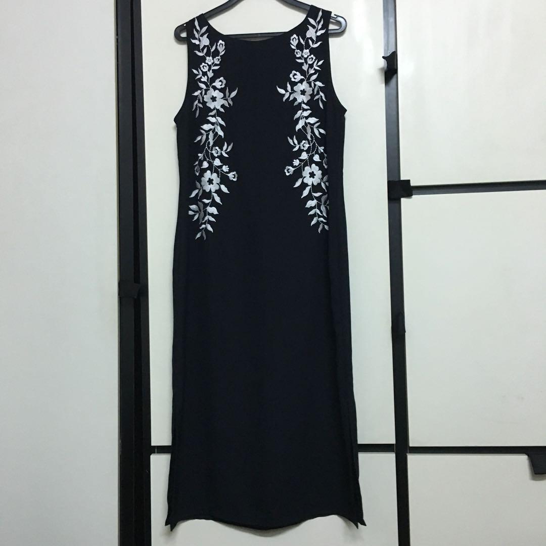 Per Una Black White Floral Embroidery Midi Dress Side Slit
