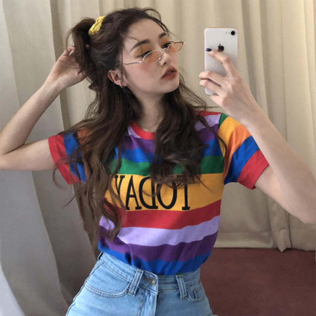 Po Today Wording Rainbow Stripe Short Sleeve T Shirt Ulzzang