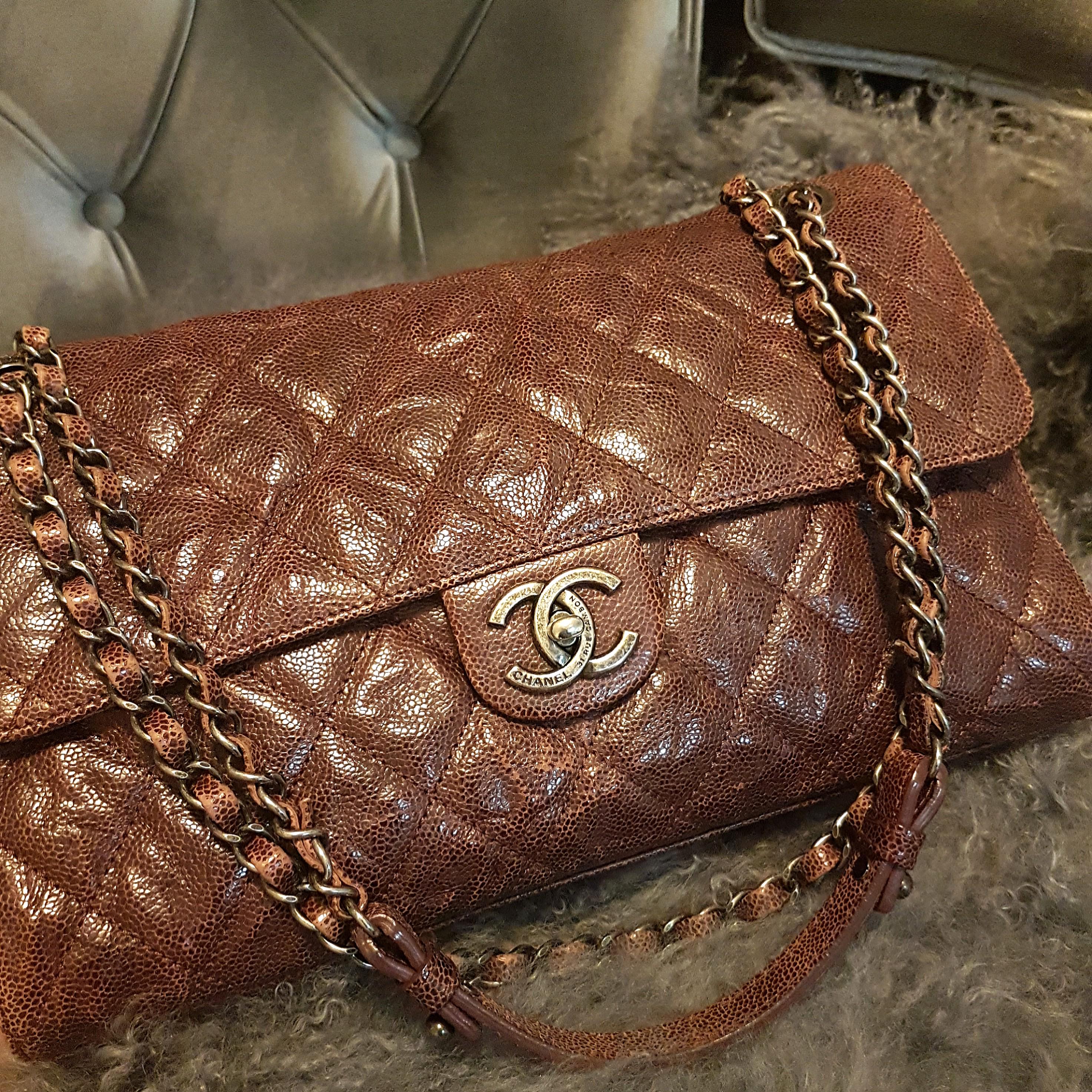 Chanel CC Crave Flap Bag Quilted Glazed Caviar Jumbo Brown