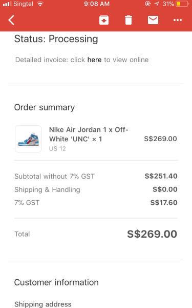 off white jordan 1 unc receipt