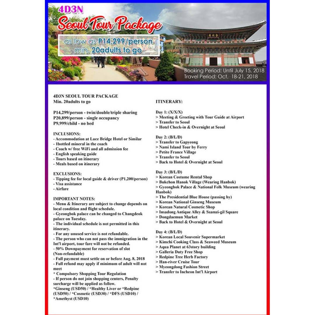 4D3N SEOUL TOUR PACKAGE (Land arrangement only), Tickets & Vouchers ...