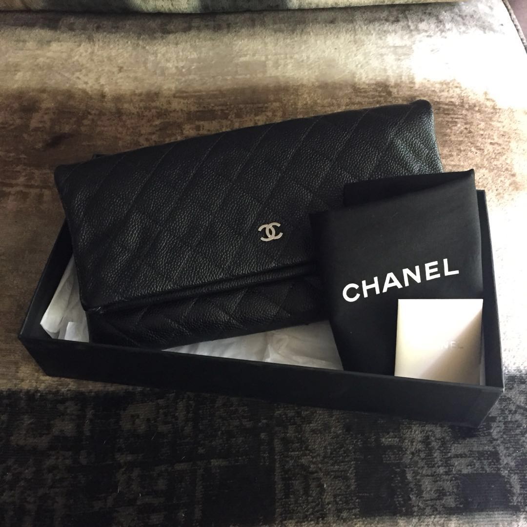 Original Chanel Clutch Beauty CC Foldover Folding Black Caviar Leather  Clutch