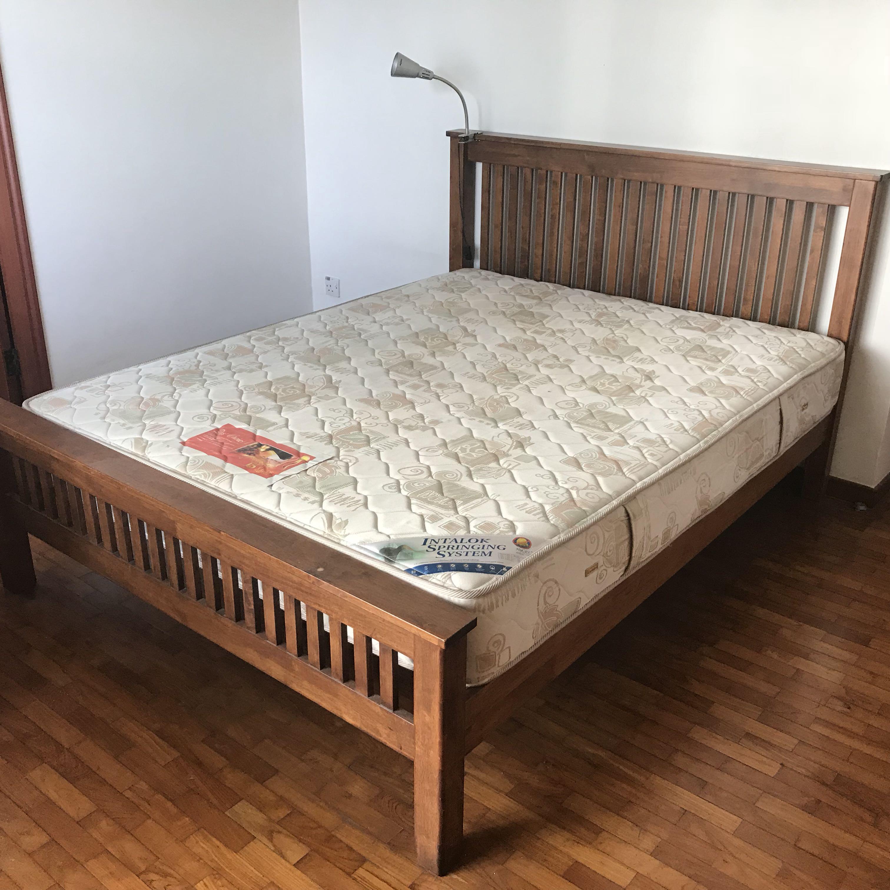 Solid wooden frame bed with slumberland mattress, Furniture & Home