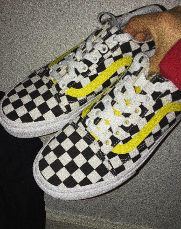 checkered old skool vans with yellow 