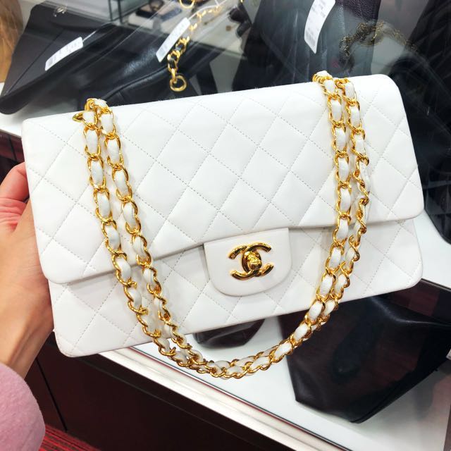 ATTRACTIVE PRICE: Authentic Chanel White Lambskin Classic Flap Bag LIMITED  EDITION with 24k Gold Hardware