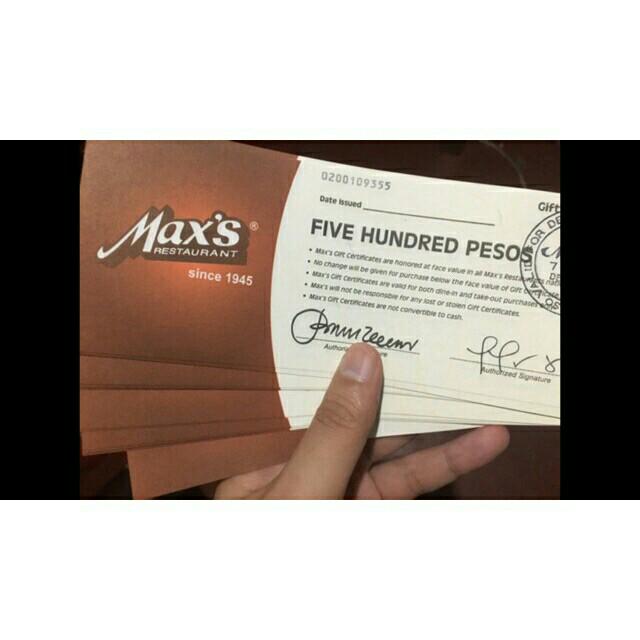 MAX'S RESTAURANT GIFT Certificate 490 each, Tickets & Vouchers, Store