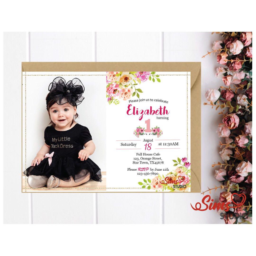 Pink Boho Floral Printable Photo Birthday Invite Girl First Birthday Photo Invitation Pink 1st First Birthday Invite Flower Einvite Flower Invitation Card Design Craft Art Prints On Carousell