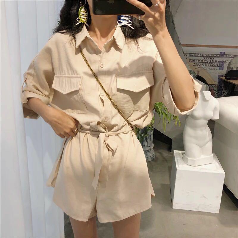 2018 New Simple Casual Jumpsuit Trousers Summer Belt Waist Shorts