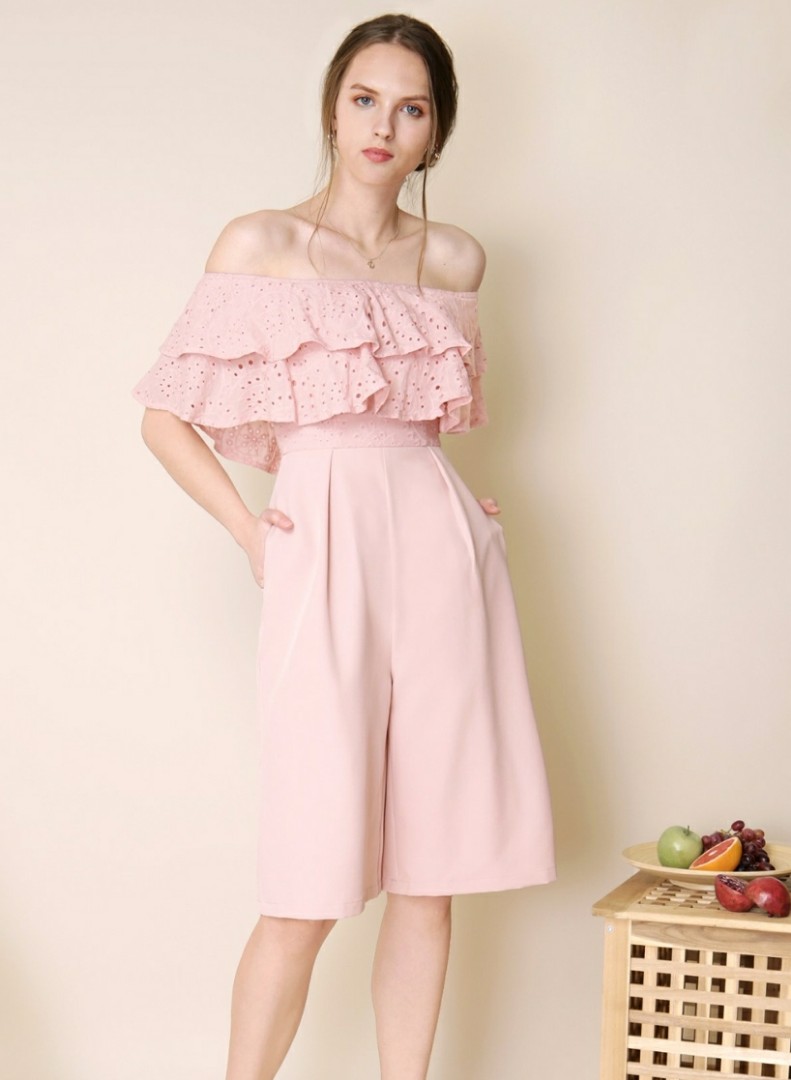 off shoulder pink jumpsuit