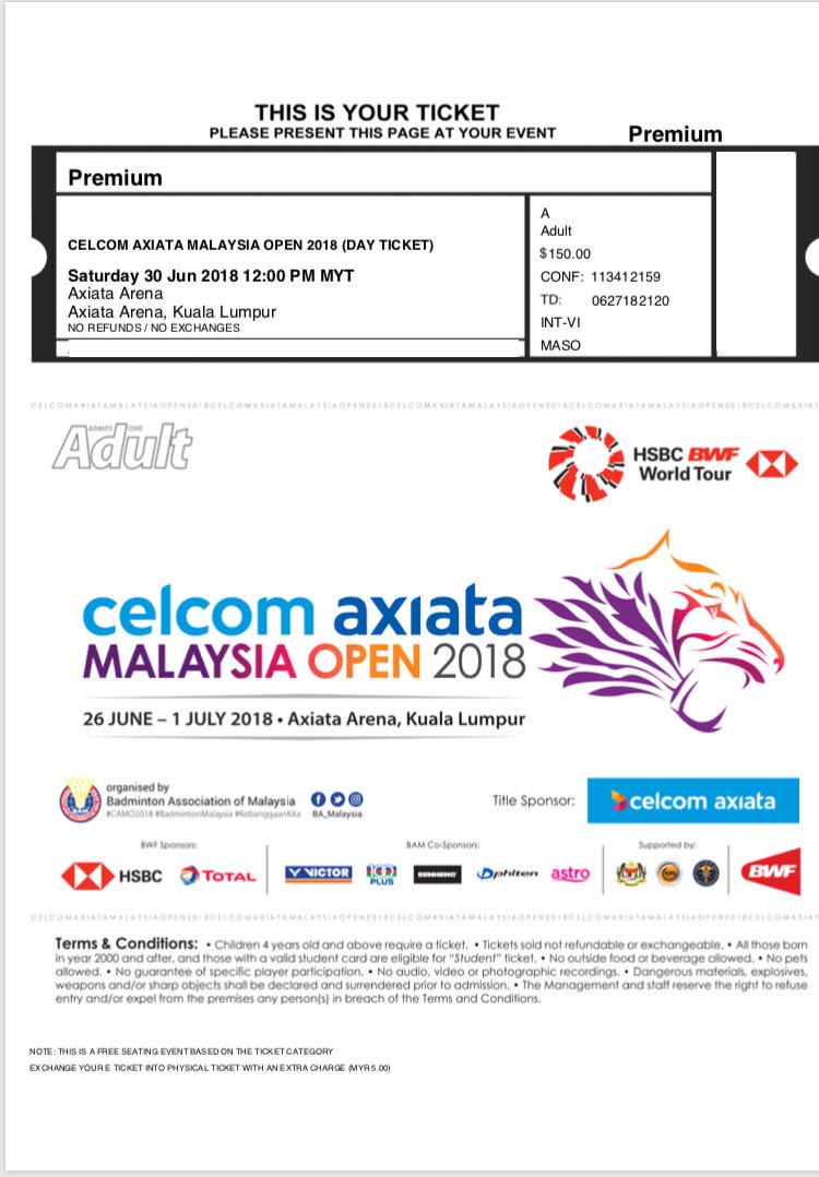 Badminton Malaysia Open 2018 Semi Finals Tickets Vouchers Event Tickets On Carousell