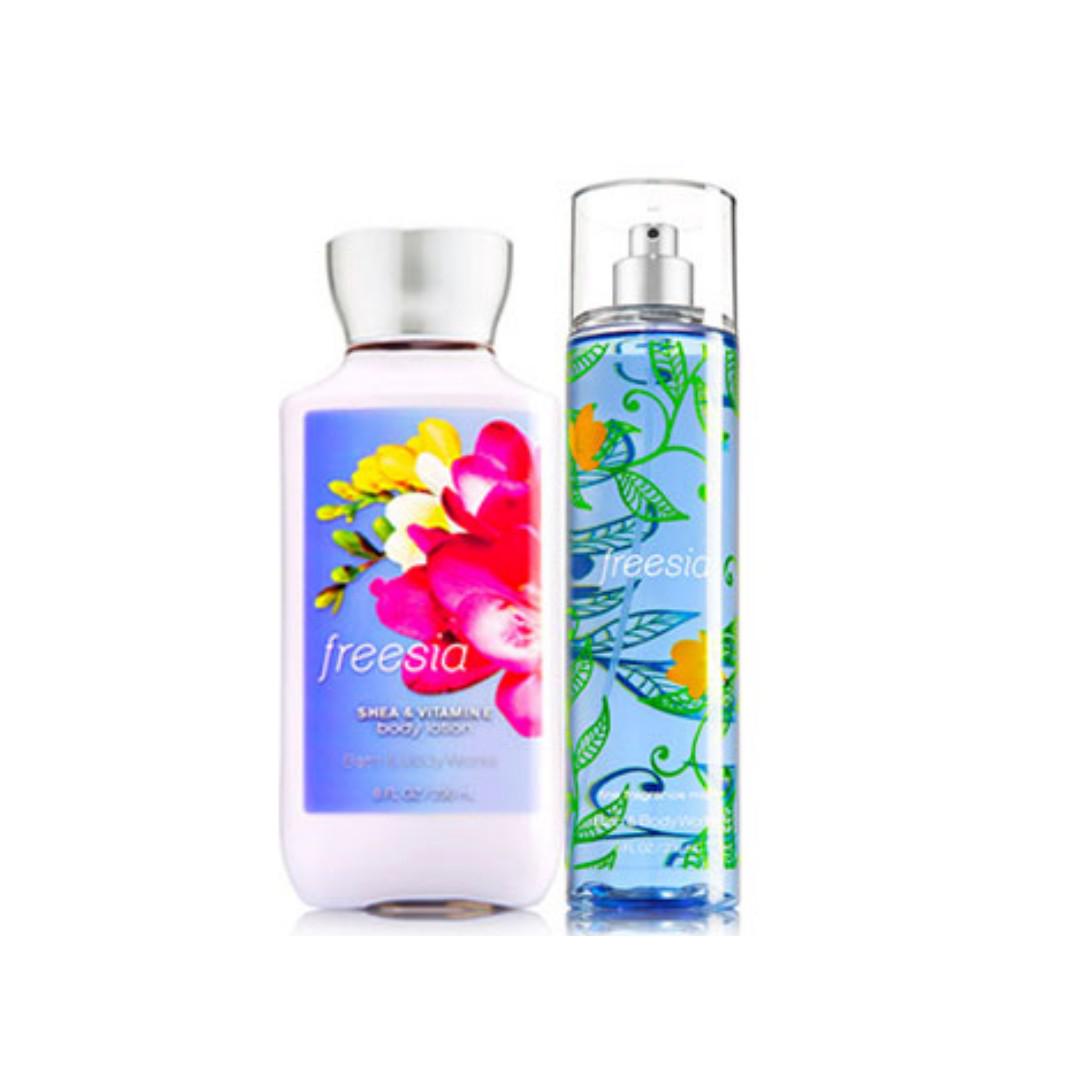 Bath & Body Works Freesia 2pc. Gift Set (Category: Bath) located in San Juan City. Submitted by princessshyph (Listing ID 176848207, Image 2). Description: Bath & Body Works 2pc Gift Set. Inspired by a fresh-cut spring bouquet! A perfect blend of freesia petals and creamy hyacinth Includes: Freesia Body Lotion 236ml Freesia Fine Fragrance Mist 236ml.