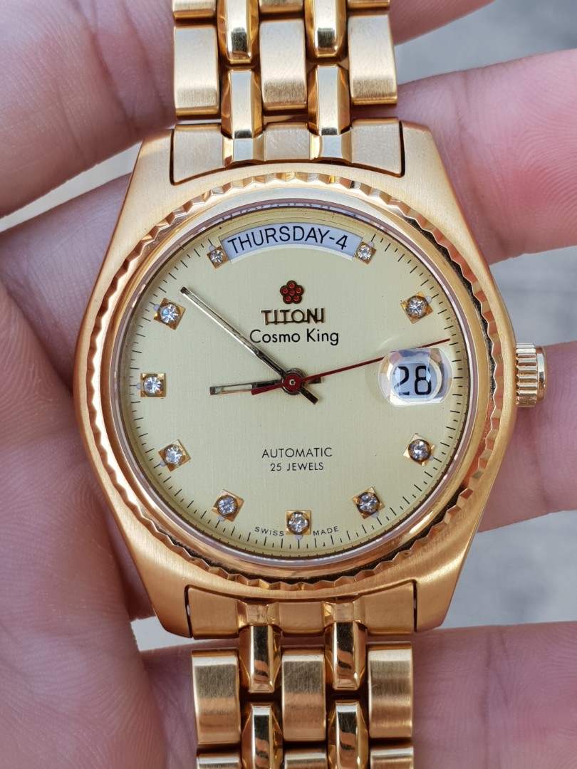 Jam tangan Luxury Titoni Cosmo King Daydate ORIGINAL Full Gold