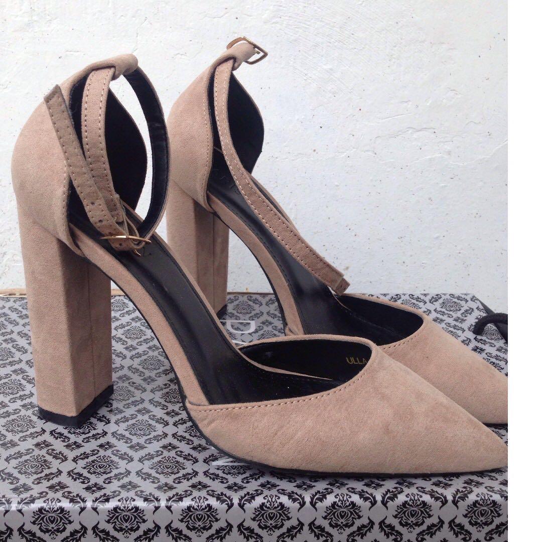 nude suede ankle strap heels