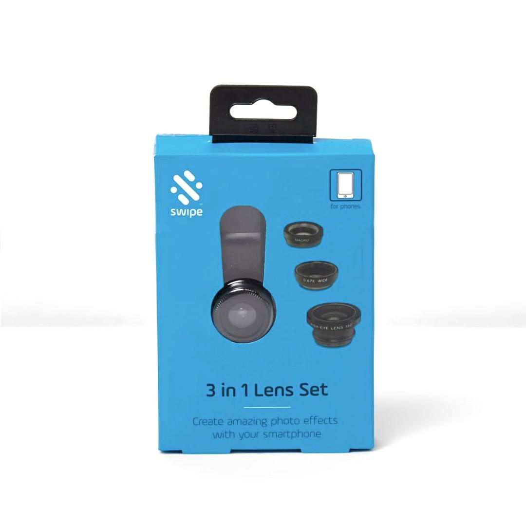 SWIPE 3 in 1 Lens Smartphone Set (Category: Lens & Kits) located in Cavite. Submitted by uprisetrading369 (Listing ID 176805142, Image 1). Description: 100% Authentic, 100% same as picture above, Not CLASS A BRAND NEW WITH TAG BEFORE 999 NOW 685 DETAILS: - Swipe includes 3 lenses Macro Lens, Fisheye Lens, Wide Angle Lens, clip to top of smartphone FABRIC + CARE: - 100% Plastic - Made in United Kingdom SIZE + FIT: - BOX : L 4 inch x H 5.5 inch x W