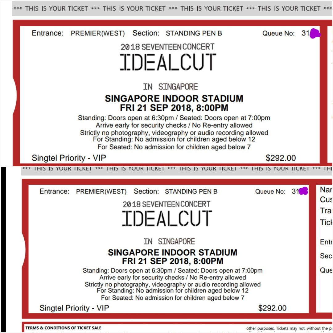Wts Seventeen Ideal Cut Singapore Vip Pen B Tickets X 2 31xx