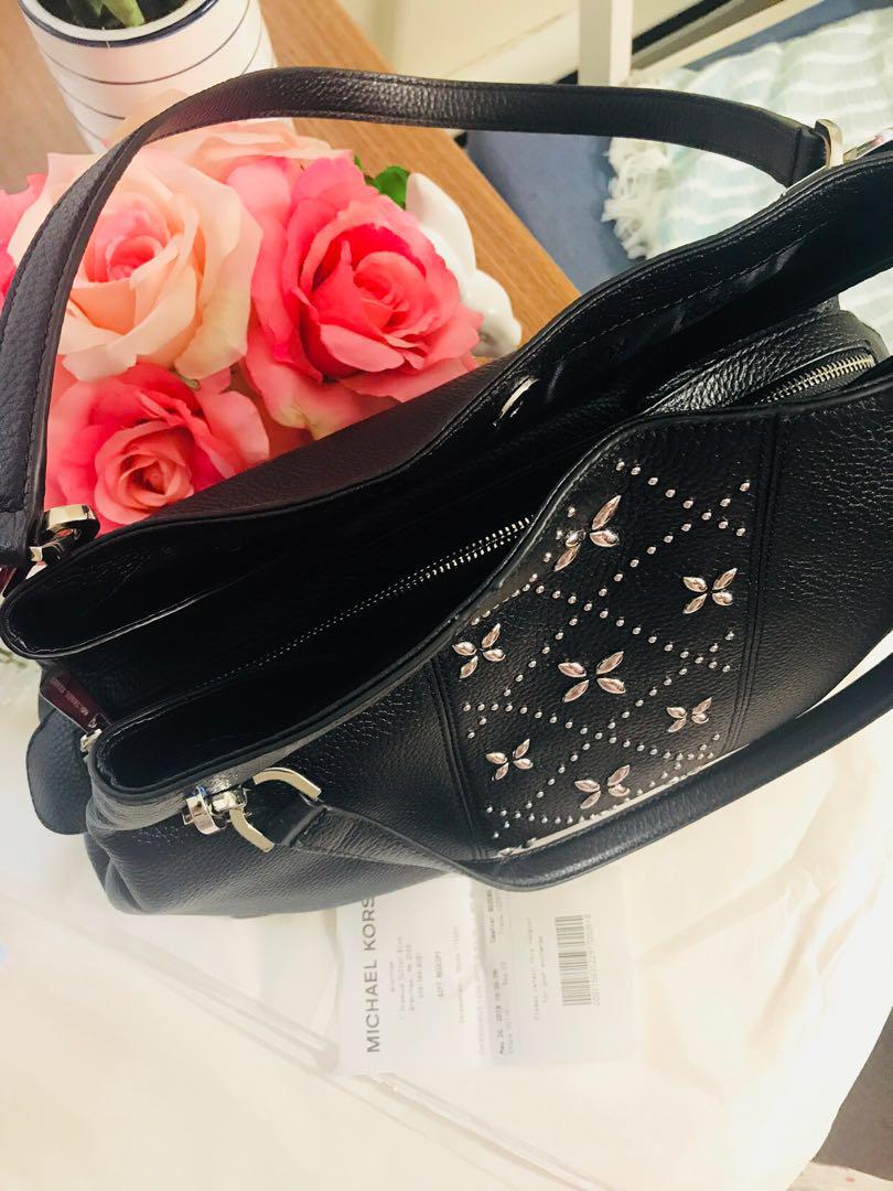 Michael Kors Leighton Large Stud Shoulder Tote Bag Leather Black Silver