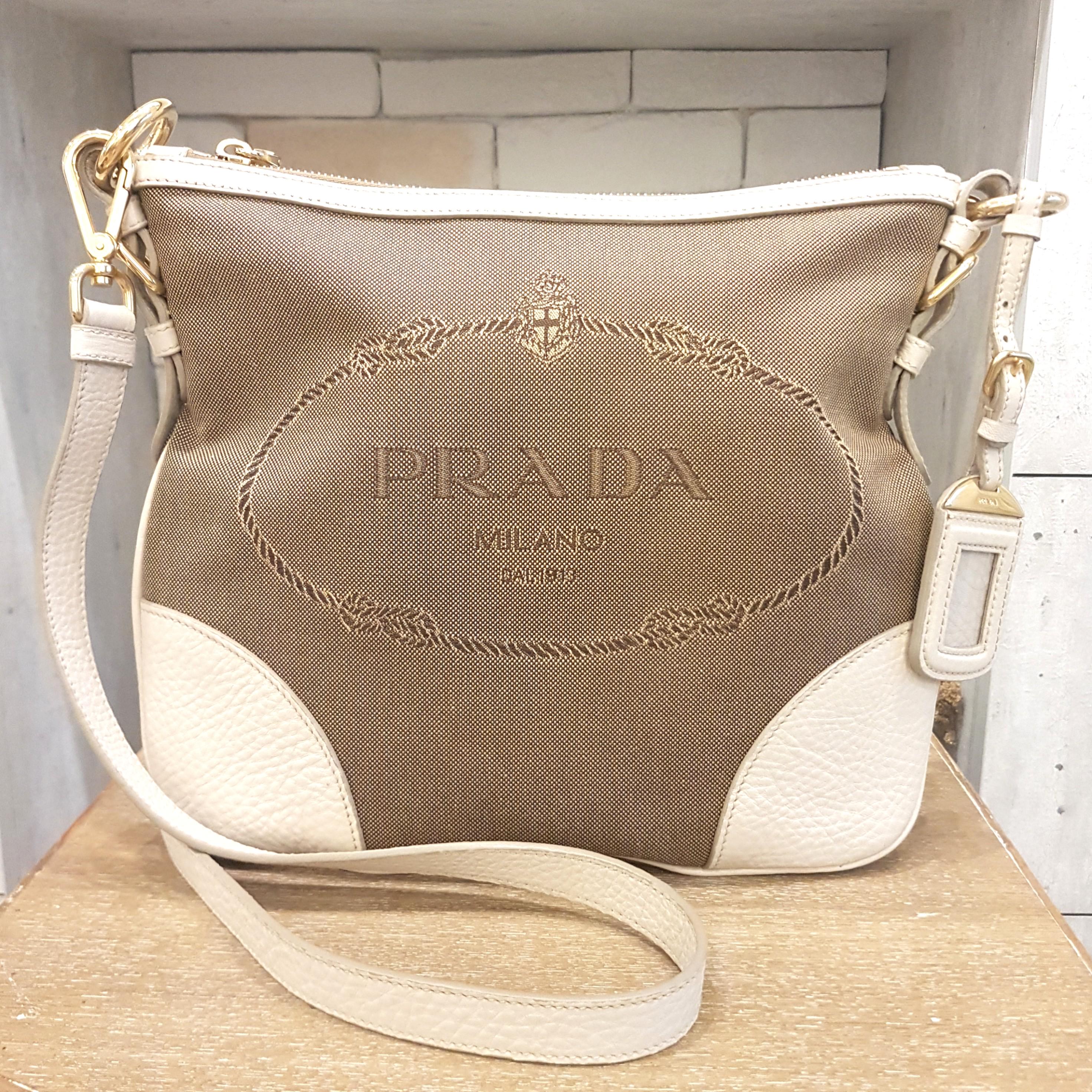 Prada jacquard canvas logo cream beige crossbody sling bag, Women's  Fashion, Bags & Wallets, Cross-body Bags on Carousell