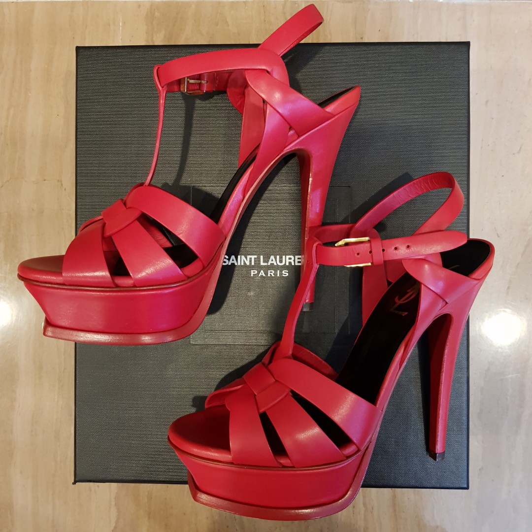 SAINT LAURENT TRIBUTE 105 SANDAL IN LIPSTICK RED LEATHER Luxury