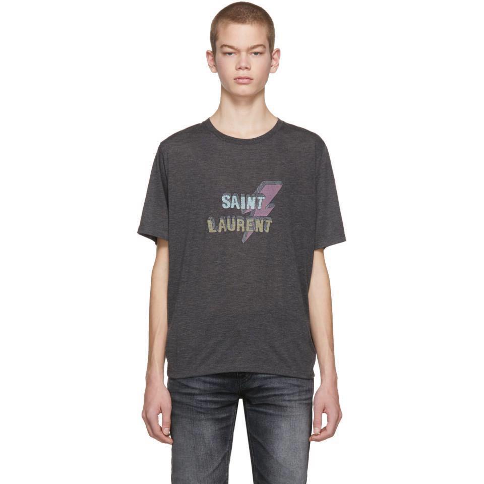 Size L Saint Laurent Grey Lightning Bolt Logo Tee